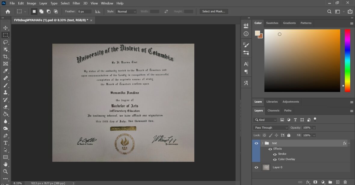 University Of The District Of Columbia Certificate PSD Template