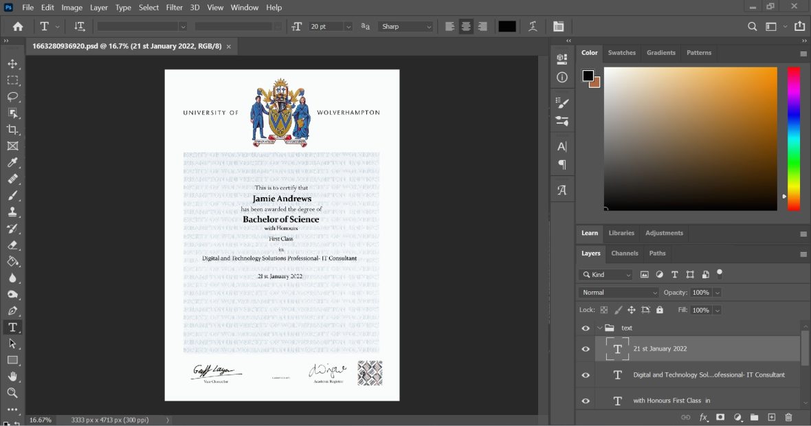 University Of Wolverhampton Certificate PSD Template