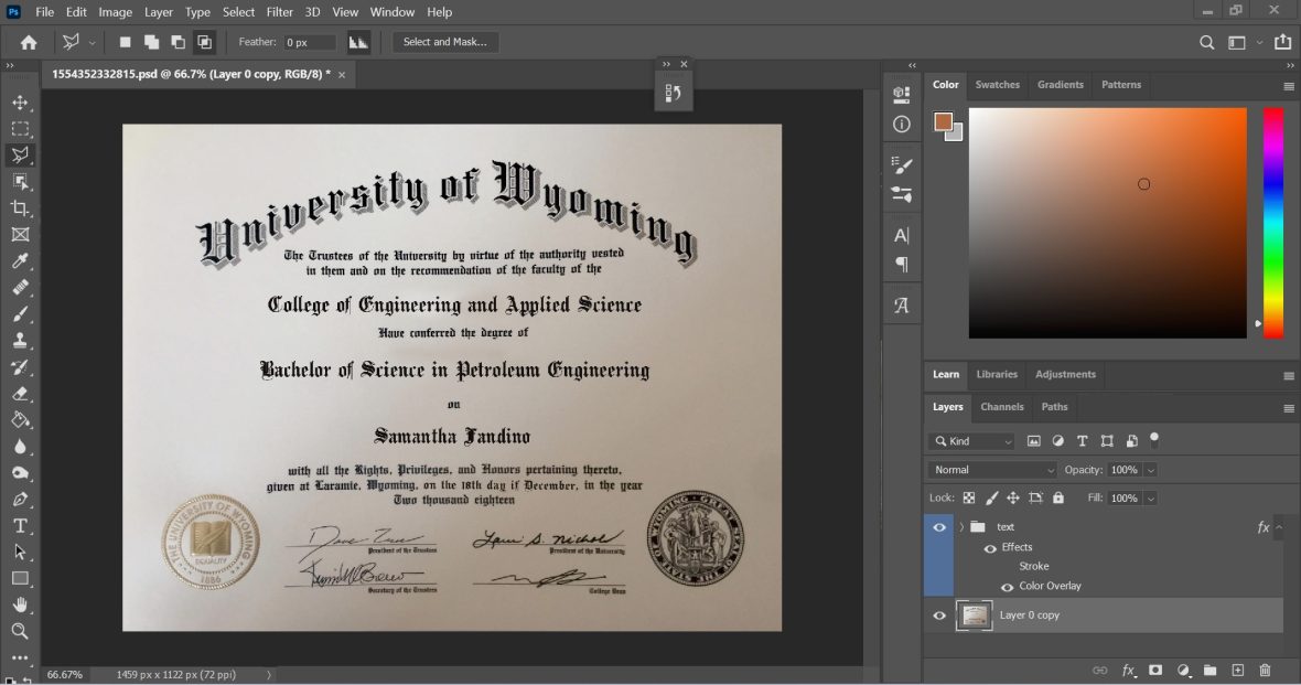 University Of Wyoming Certificate PSD Template