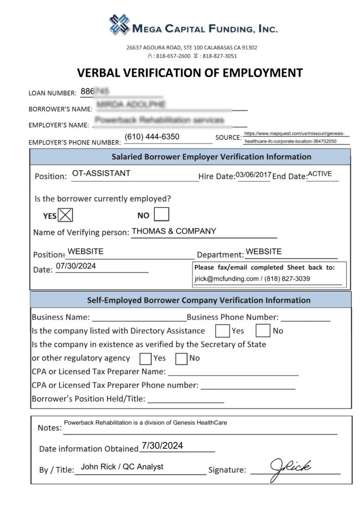 Usa Mortgage Loan Pre-Funding Employment Verification Report Template