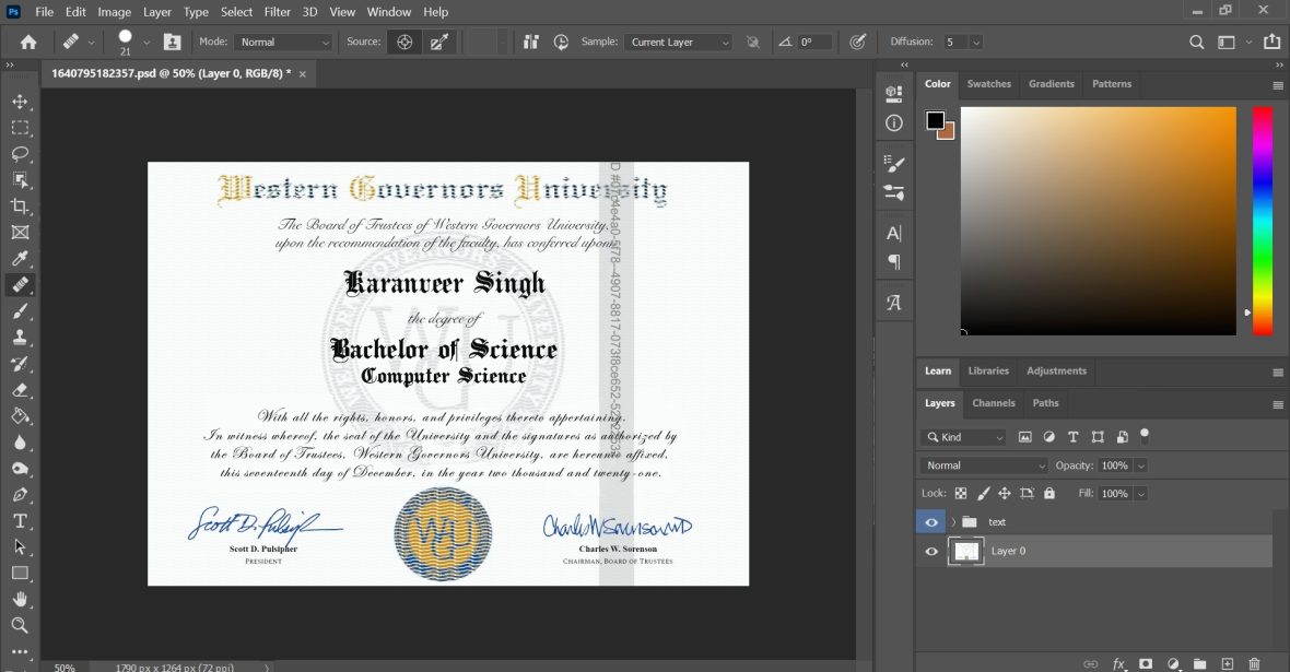 Western Governors University Certificate PSD Template