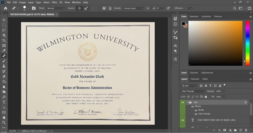 Wilmington University Certificate PSD Template