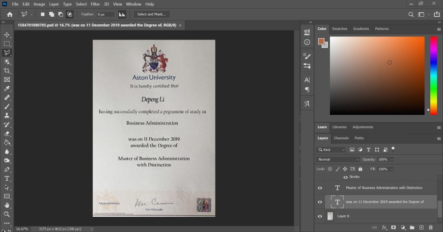 Aston University Certificate PSD Template