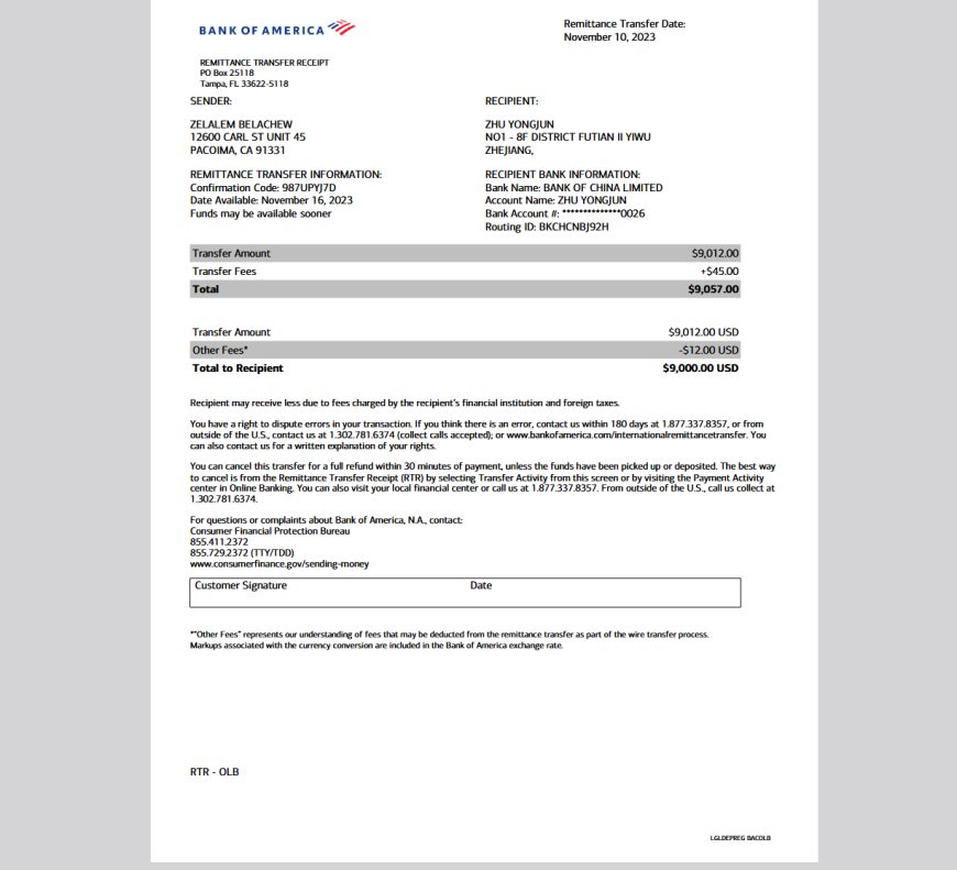BANK OF America Transfer Receipt Template in Word and PDF format