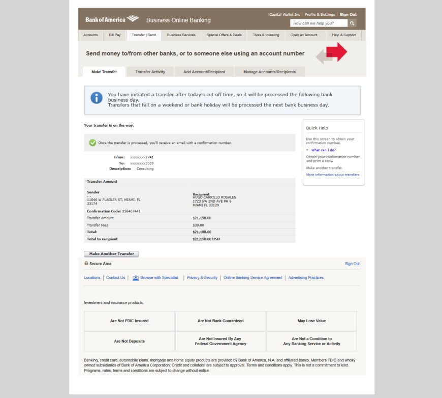 Bank of America Money Transfer Receipt Template