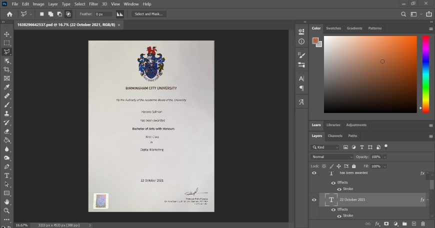 Birmingham City University Certificate PSD Template