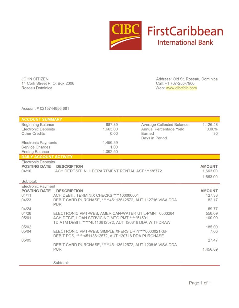 Dominica CIBC First Caribbean International Bank Statement Template