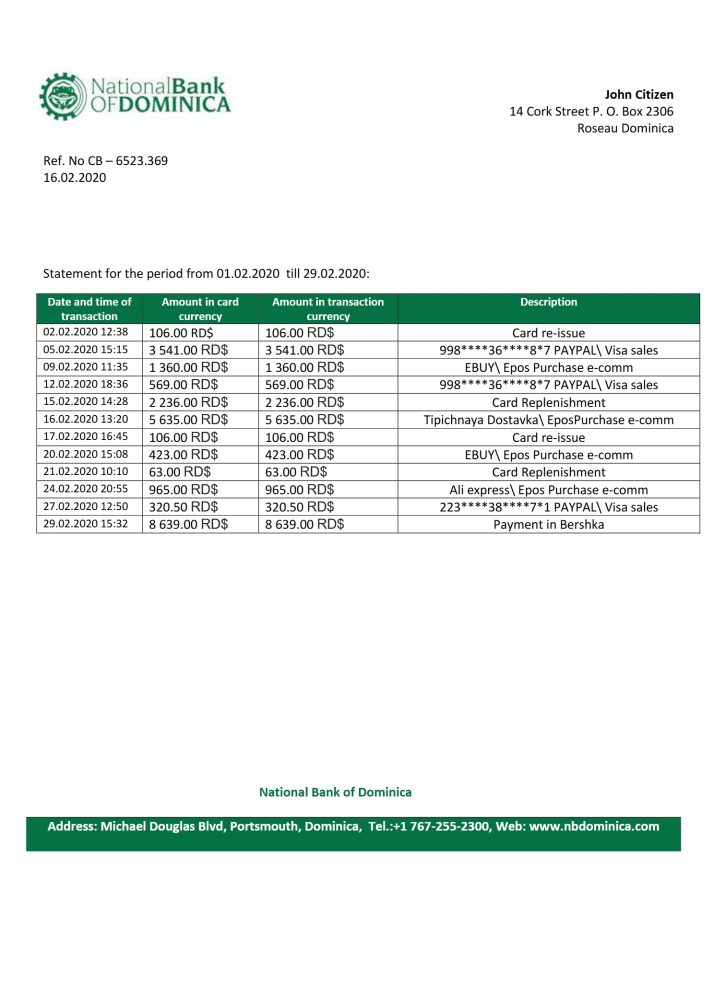 Dominica National Bank Of Dominica Bank Statement Template