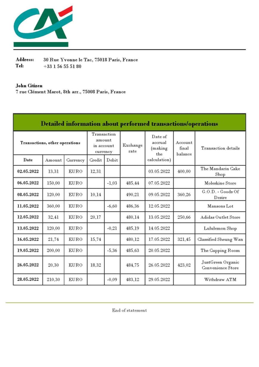 France Credite Agricole Bank Statement Template