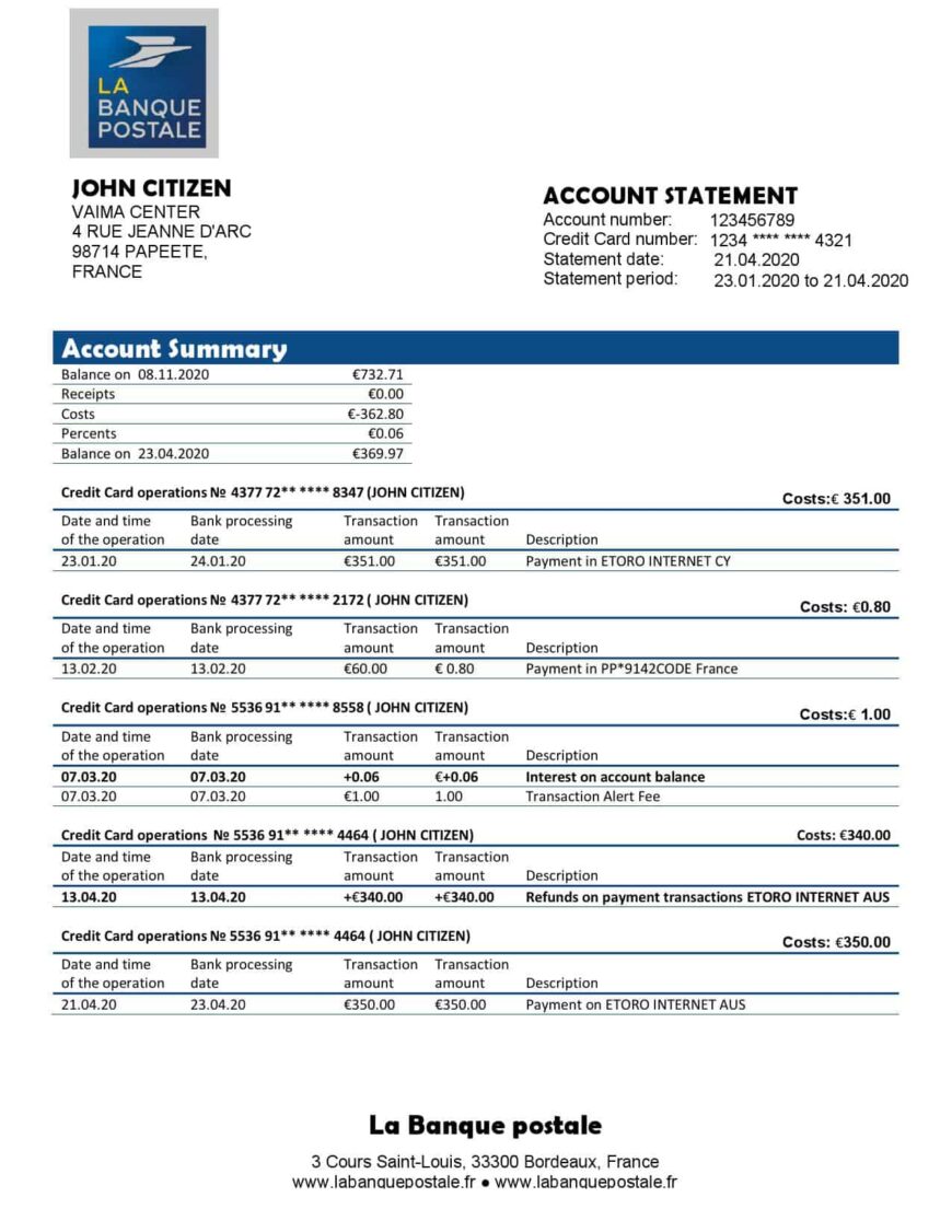 France La Banque Postale Bank Statement Template