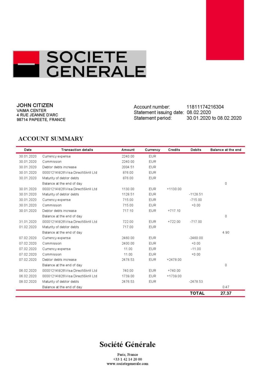 France Societe Generale Bank Statement Template