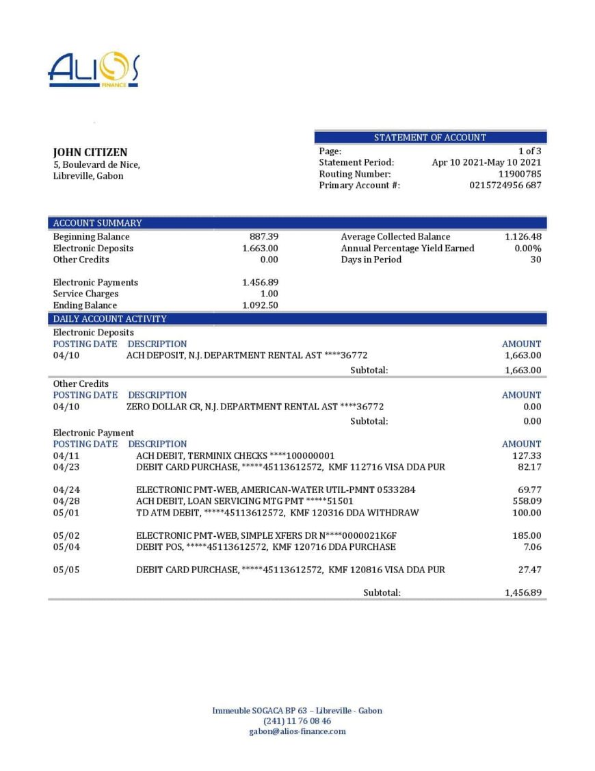 Gabon Alios Finance Bank Statement Template