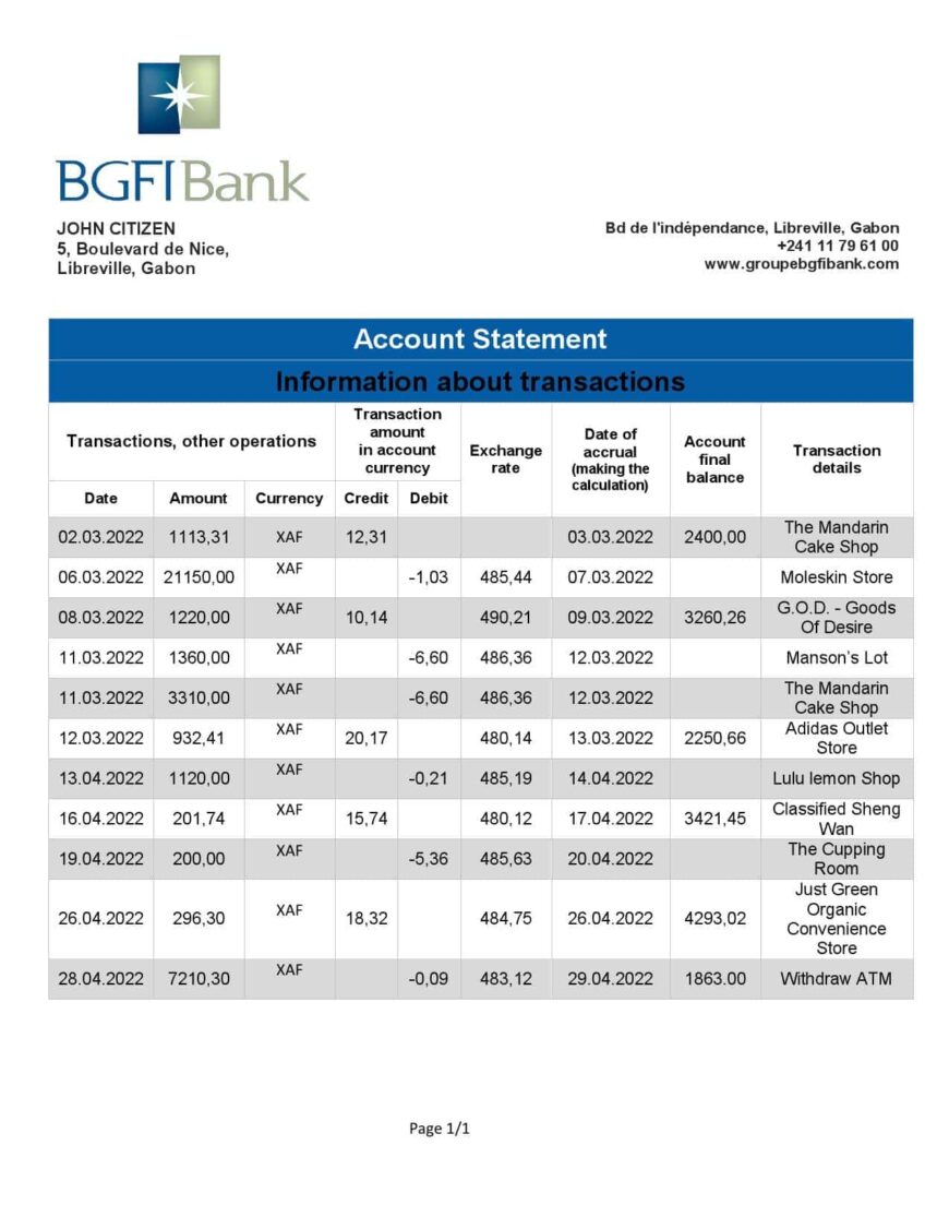 Gabon BGFI Bank Statement Word And PDF Template
