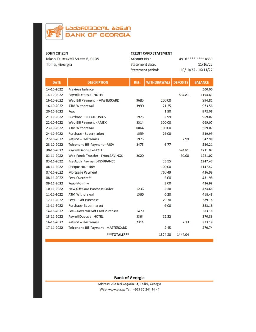 Georgia Bank Of Georgia Statement Template
