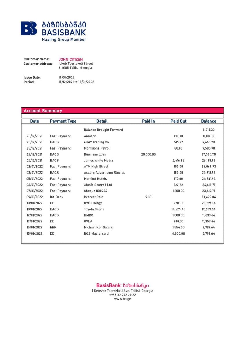 Georgia Basis Bank Statement Template