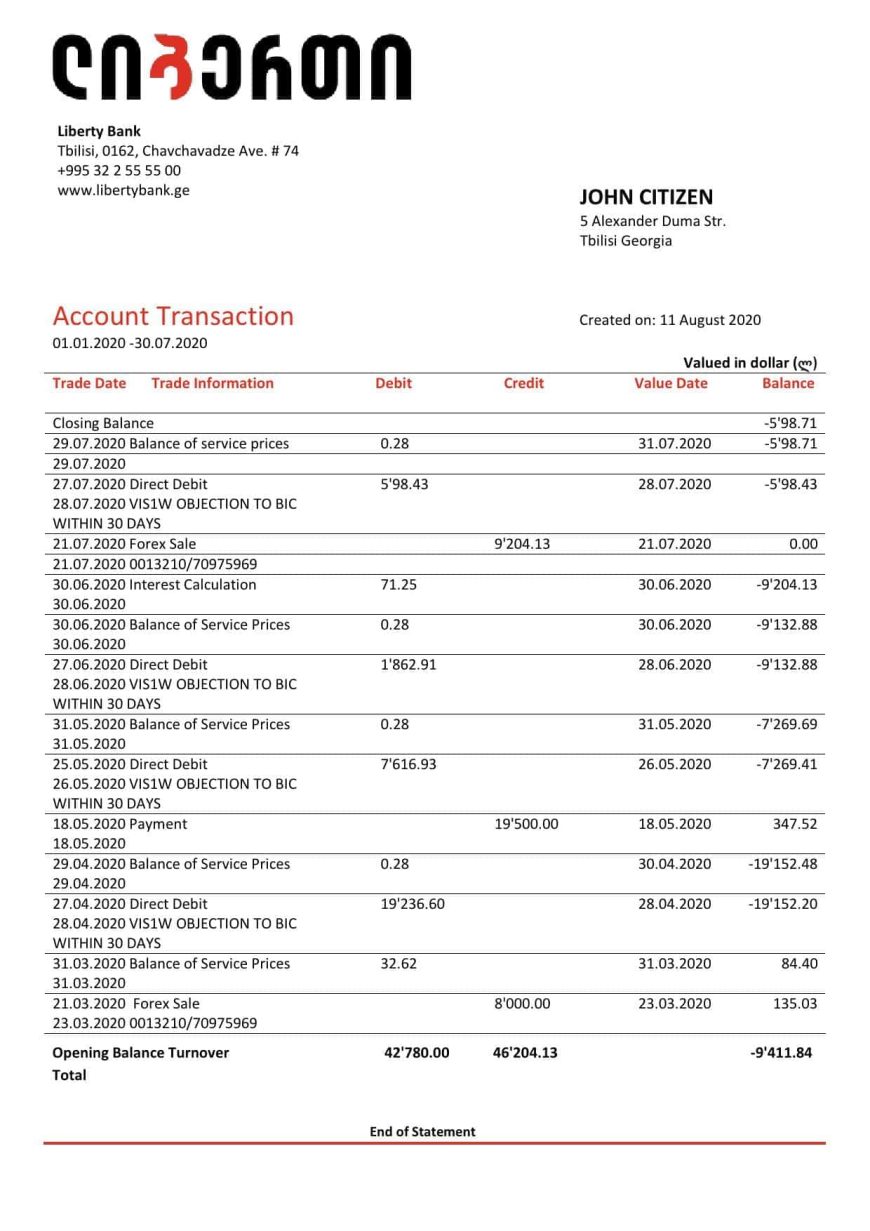 Georgia Liberty Bank Statement Template