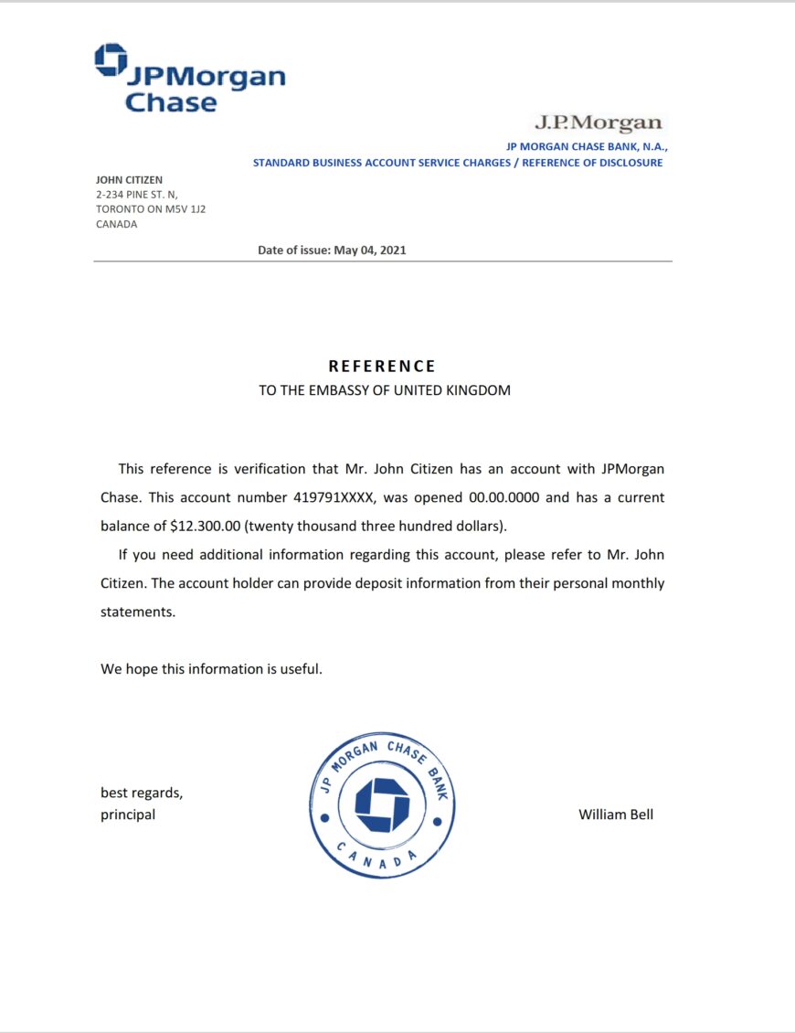 JPMorgan Chase Bank Reference Letter Template