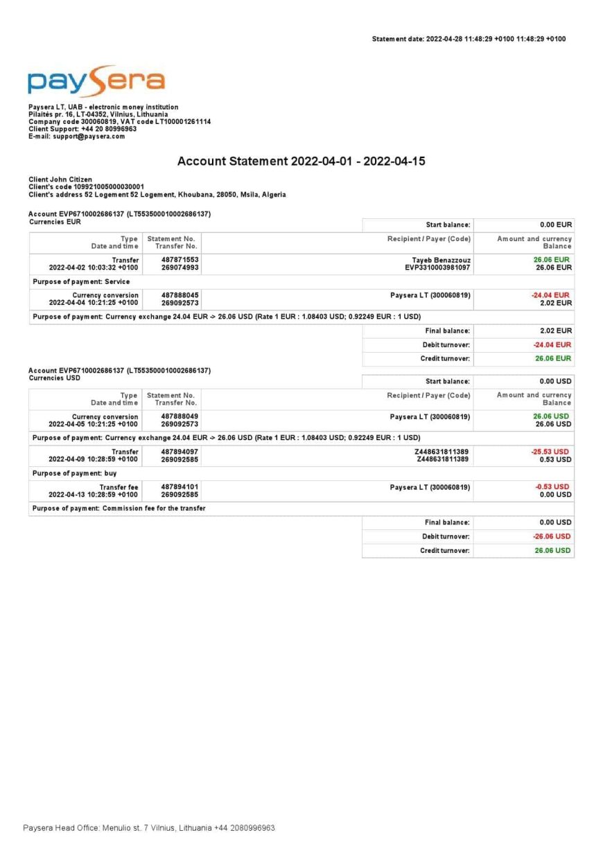 Lithuania Paysera Account Statement Word And PDF Template