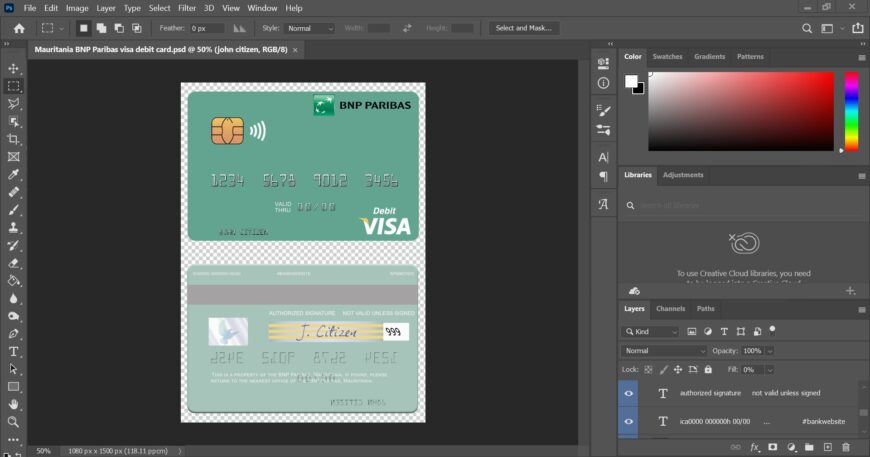 Mauritania BNP Paribas Visa Debit Card PSD Template