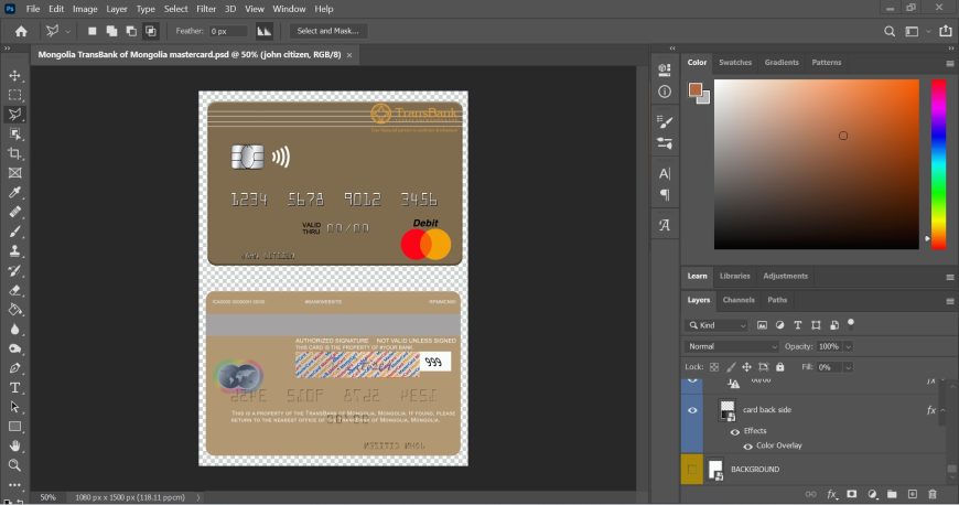 Mongolia TransBank Of Mongolia Mastercard PSD Template