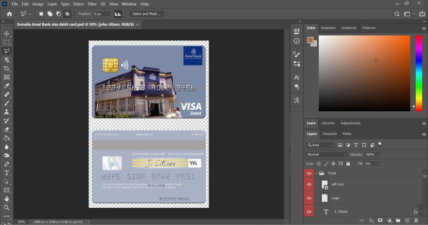 Somalia Amal Bank Visa Debit Card PSD Template 1