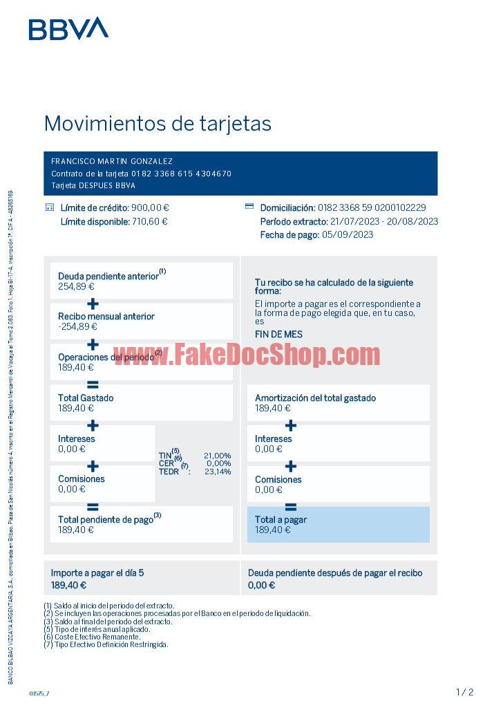 Spain BBVA Credit Card Statement Template in word and pdf format