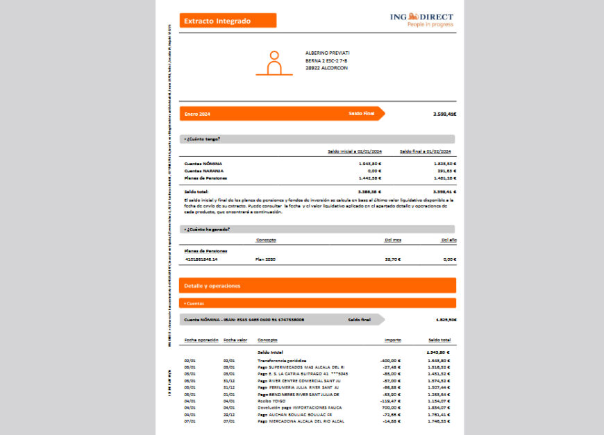 Spain ING Bank Integrated Statement Template in word and pdf format