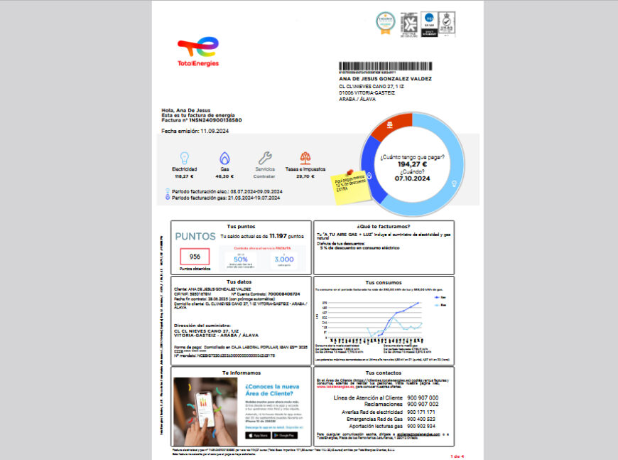 TotalEnergies Energy Bill Template for Spain in word and pdf format