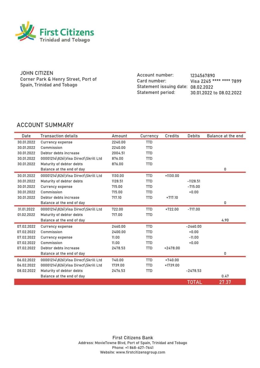 Trinidad And Tobago First Citizens Bank Statement Word And PDF Template