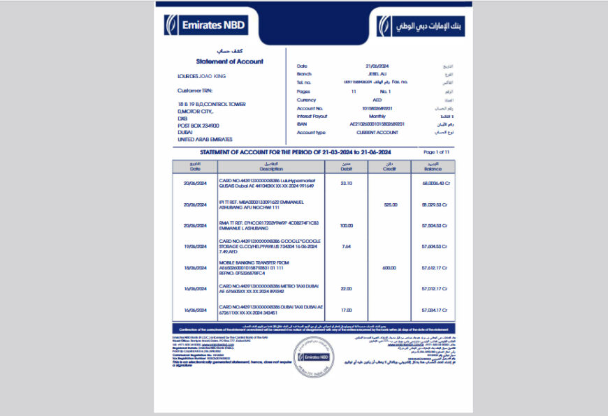 UAE Bank Statement Template In word And PDF format (v3)