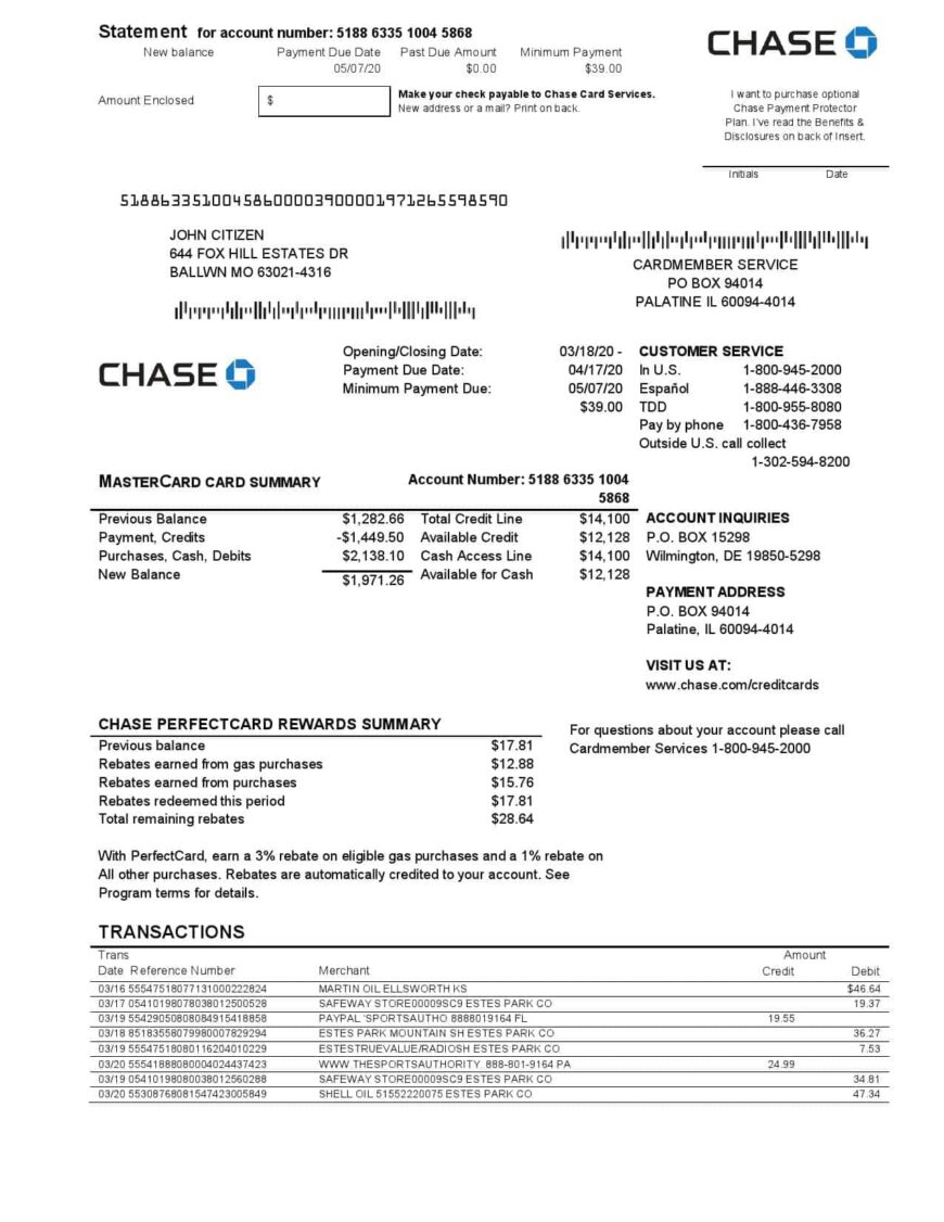 USA Chase Bank Mastercard Card Statement Template