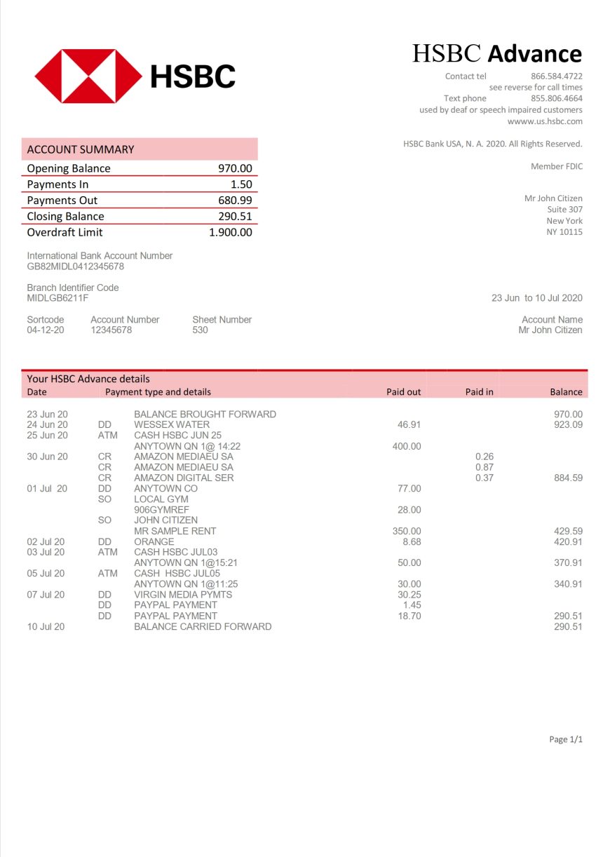USA HSBC Bank Statement Template