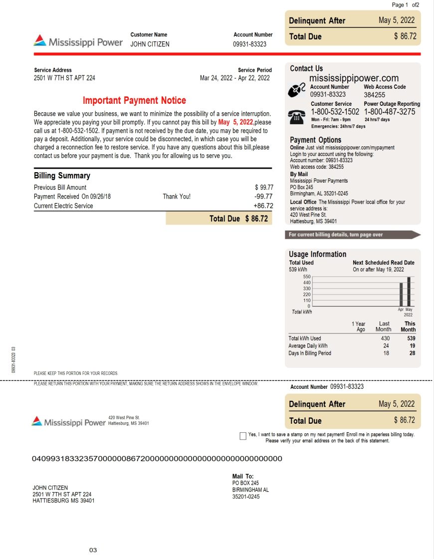 USA Mississippi Power Utility Bill Word And PDF Template 2 pages