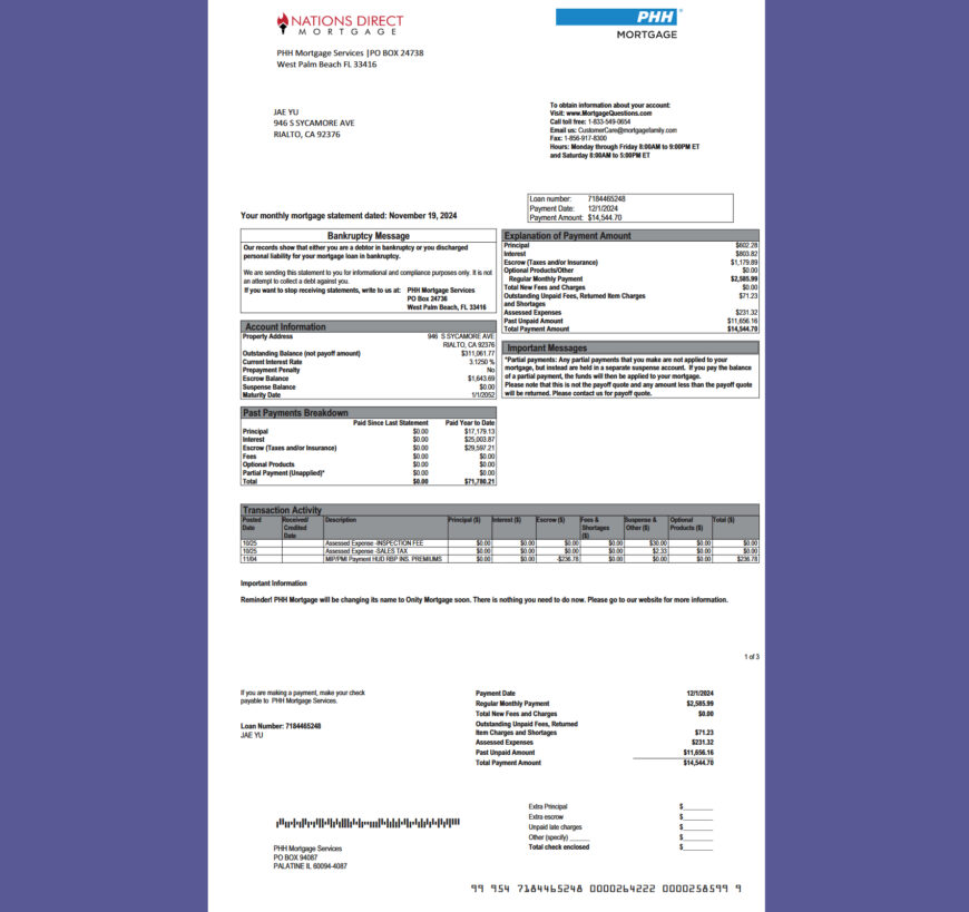 USA PHH Mortgage Statement Template in word and pdf format