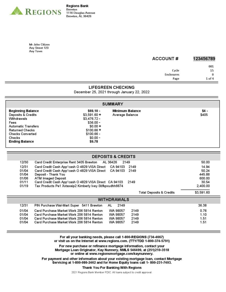 USA Regions Bank Statement Word And PDF Template 4 Pages