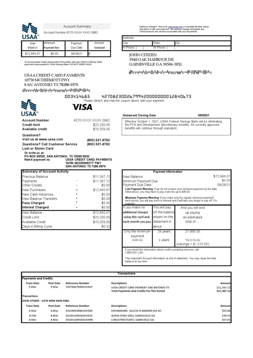 USA USAA Bank Credit Card Statement Template