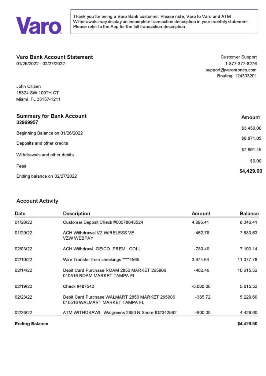USA Varo Bank Statement Word And PDF Template Version 2 2 pages