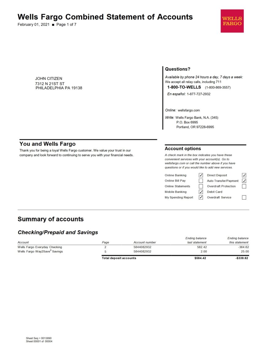 USA Wells Fargo Bank Statement Word And PDF Template 7 Pages