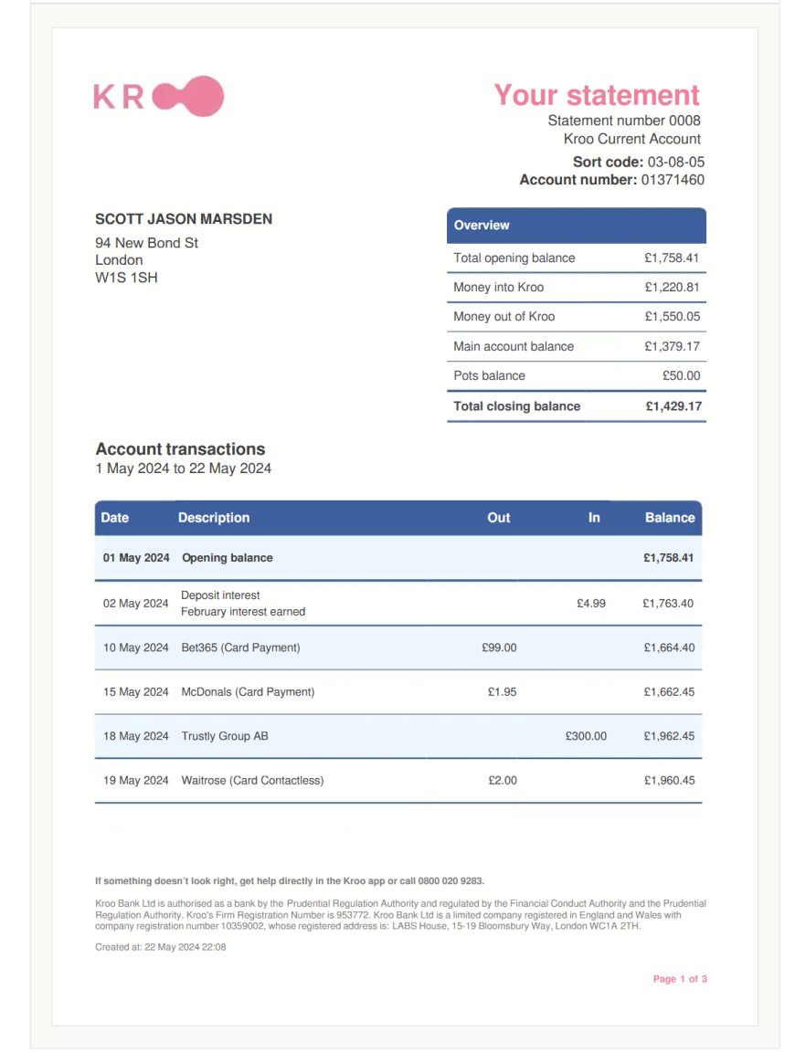 United Kingdom Kroo Bank Statement Template in Word and PDF format