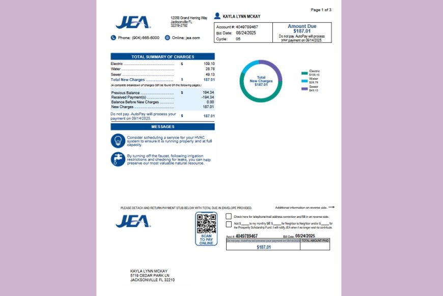 United States JEA Utility Bill Template in Word and PDF format