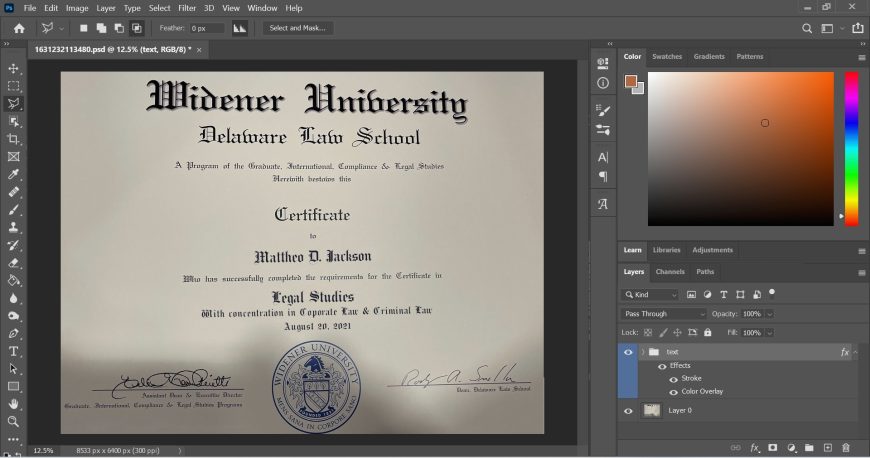Widener University certificate PSD Template Version 2