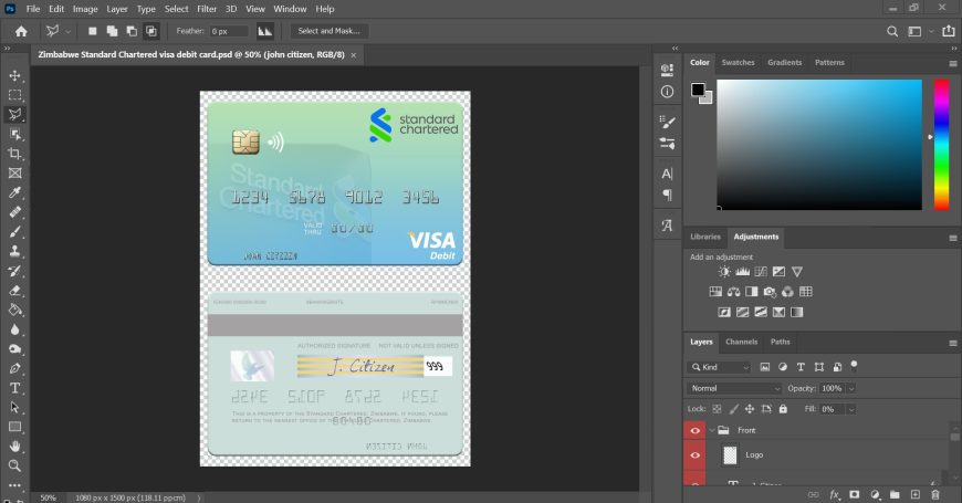 Zimbabwe Standard Chartered Visa Debit Credit Card PSD Template