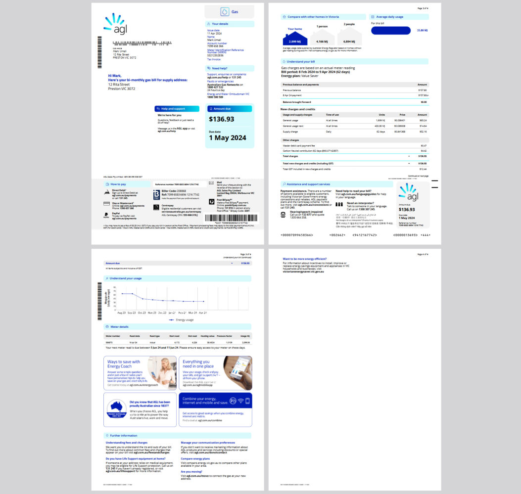 Australia AGL Editable Electricity Bill