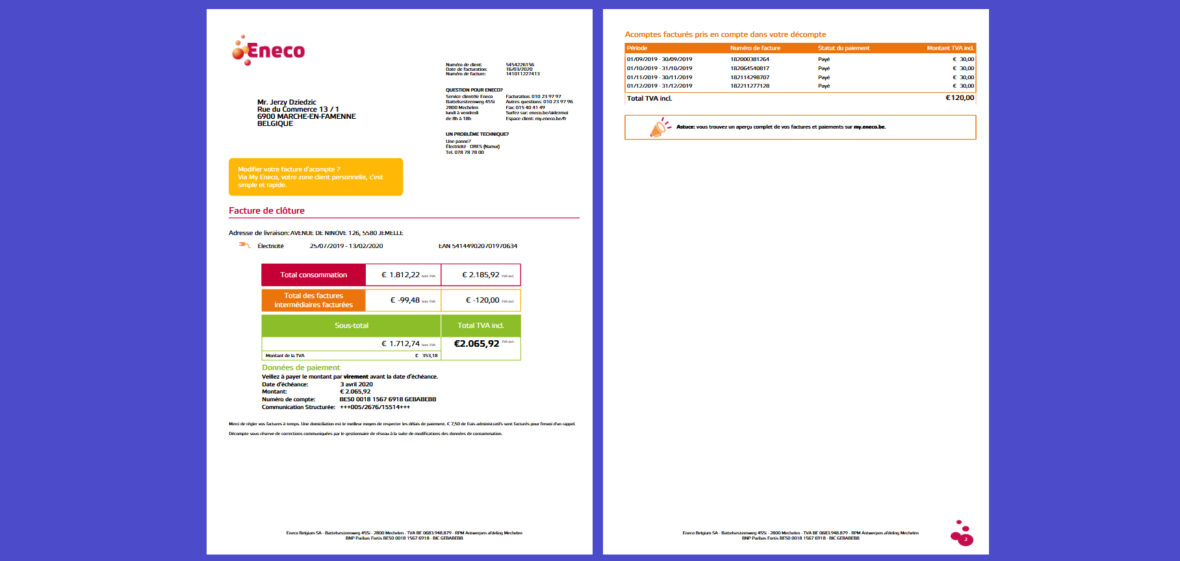Belgium ENECO Electricity Bill Template in word and pdf format