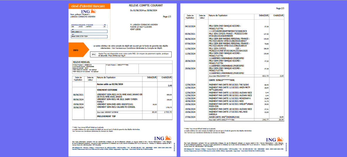 Belgium ING Bank Account Statement Template in word and pdf format