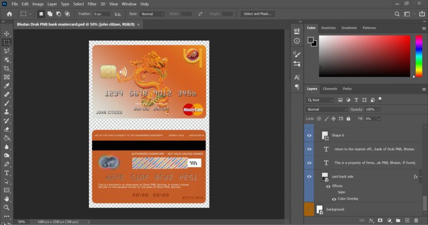 Bhutan Druk PNB Bank MasterCard PSD Template