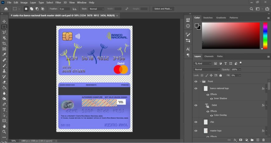 Costa Rica Banco Nacional De Costa Rica MasterCard Debit Card PSD Template