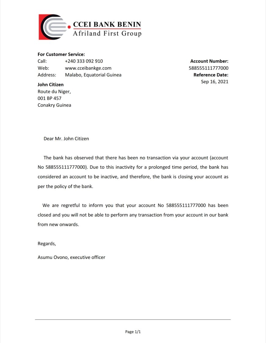 Equatorial Guinea CCEI Bank Benin Bank Reference Letter Template