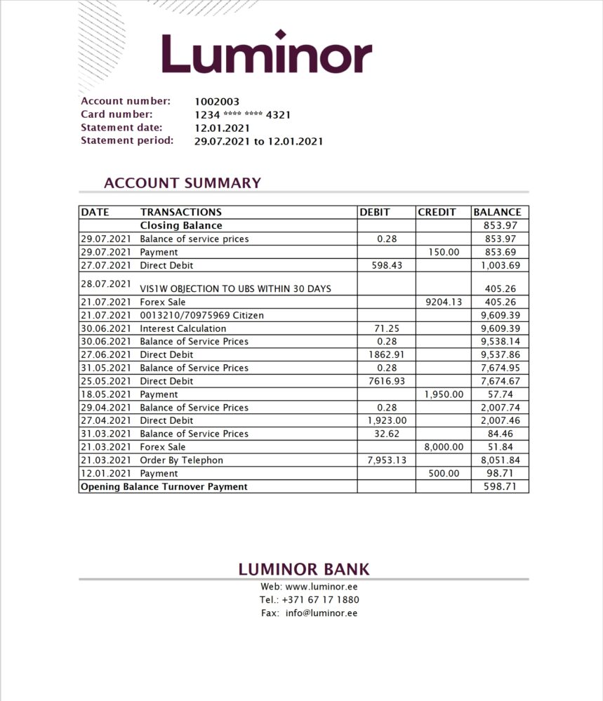 Estonia Luminor Bank Statement Excel And PDF Template
