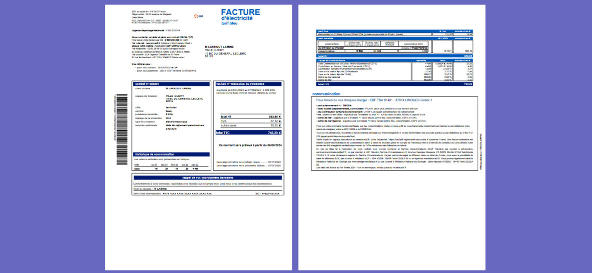 France EDF Réunion Electricity Invoice Template in word and pdf format